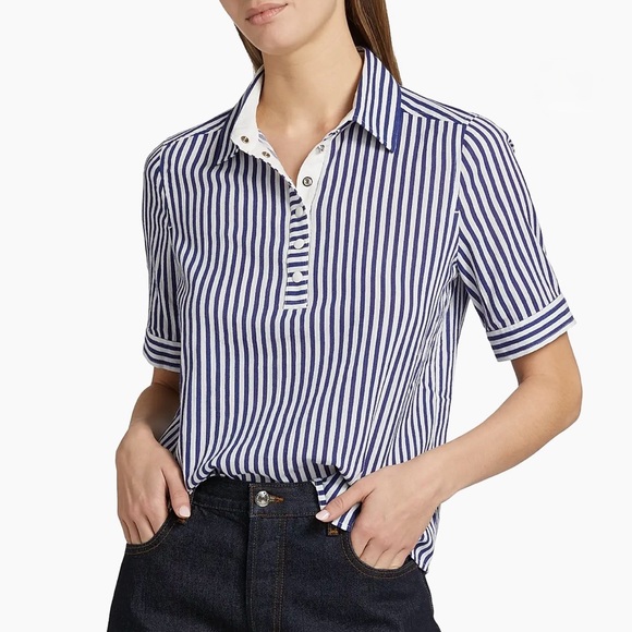 Frame The Snap Polo Striped Blue and White Top size M - Picture 13 of 13